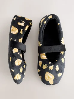 Never Fully Dressed Black/Gold Charm Velour Mary Jane Slippers Online