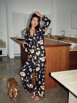 Never Fully Dressed Black/Gold Charm Satin Button Through Pyjamas Clearance