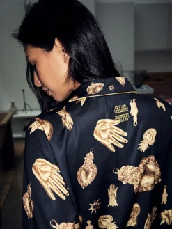 Never Fully Dressed Black/Gold Charm Satin Button Through Pyjamas Clearance