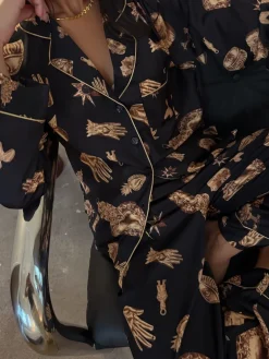 Never Fully Dressed Black/Gold Charm Satin Button Through Pyjamas Clearance