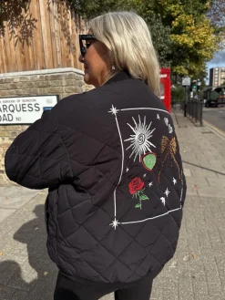 Never Fully Dressed Black Embroidered Quilted Fur Lined Bomber Jacket Outlet