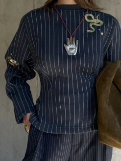 Never Fully Dressed Blue Pinstripe Barrel Sweatshirt Hot