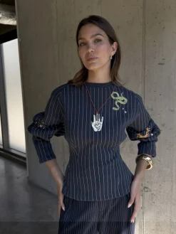 Never Fully Dressed Blue Pinstripe Barrel Sweatshirt Hot