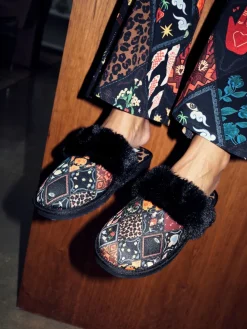 Never Fully Dressed Multi Black Quilted Faux Fur Lined Mule Slippers Online