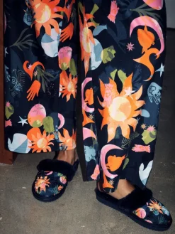 Never Fully Dressed Multi Navy Quilted Faux Fur Lined Mule Slippers Hot