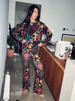 Never Fully Dressed Night Garden Patch Print Cotton Flare Leg Pyjamas Set New