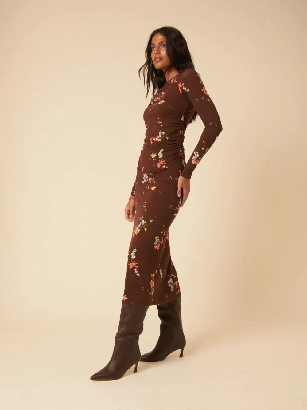 Nobody's Child Nobodys Child Brown Long Sleeve Laurella Midi Dress Hot