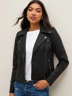 NOISY MAY Black 100% Cotton Leather Look Biker Jacket Best