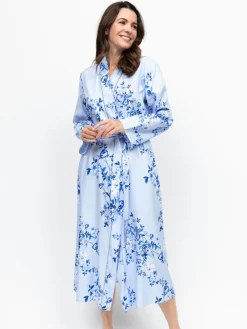 Nora Rose Blue Floral Print Lace Insert Long Sleeve Dressing Gown Outlet