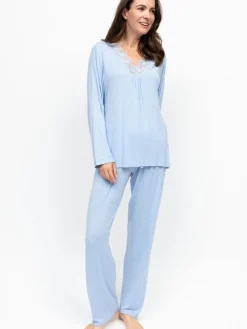 Nora Rose Blue Jersey Scalloped V-Neck Lace Long Sleeve Pyjamas Set Best