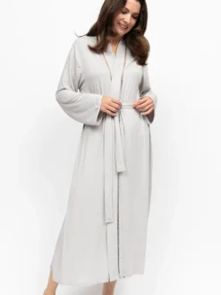 Nora Rose Grey Jersey Lace Insert Long Sleeve Dressing Gown Outlet
