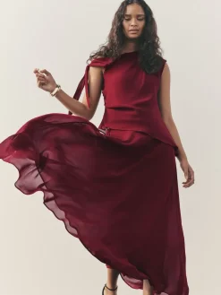 Nothing Ordinary Check Godet Midi Skirt Burgundy Red Best