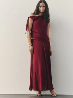 Nothing Ordinary Check Godet Midi Skirt Burgundy Red Best