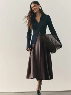 Nothing Ordinary Chocolate Brown Faux Leather Wrap Midi Kilt Skirt Best