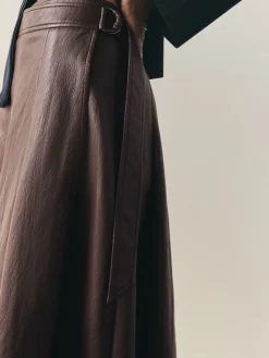 Nothing Ordinary Chocolate Brown Faux Leather Wrap Midi Kilt Skirt Best