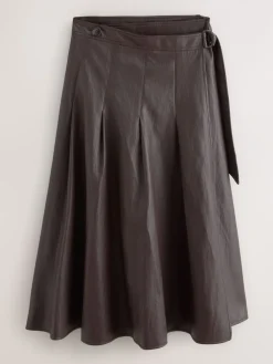 Nothing Ordinary Chocolate Brown Faux Leather Wrap Midi Kilt Skirt Best