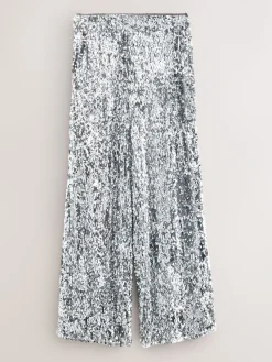 Nothing Ordinary Silver Sequin High Waist Wide Leg Trousers Hot