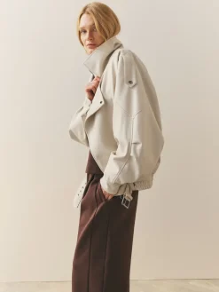 Nothing Ordinary Faux Leather Funnel Collared Biker Jacket Stone New