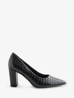 Novo Wide Fit Illiana Point Toe Block Heel Courts Black Hot