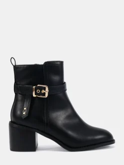 Novo Wide Fit Wide Fit Jasmine Round Toe Block Heel Buckle Detail Ankle Boots Black