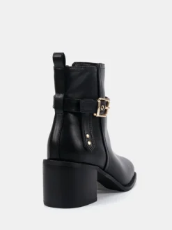 Novo Wide Fit Wide Fit Jasmine Round Toe Block Heel Buckle Detail Ankle Boots Black