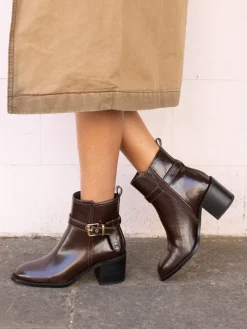 Novo Wide Fit Wide Fit Jasmine Round Toe Block Heel Buckle Detail Ankle Boots Brown New
