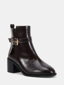 Novo Wide Fit Wide Fit Jasmine Round Toe Block Heel Buckle Detail Ankle Boots Brown New