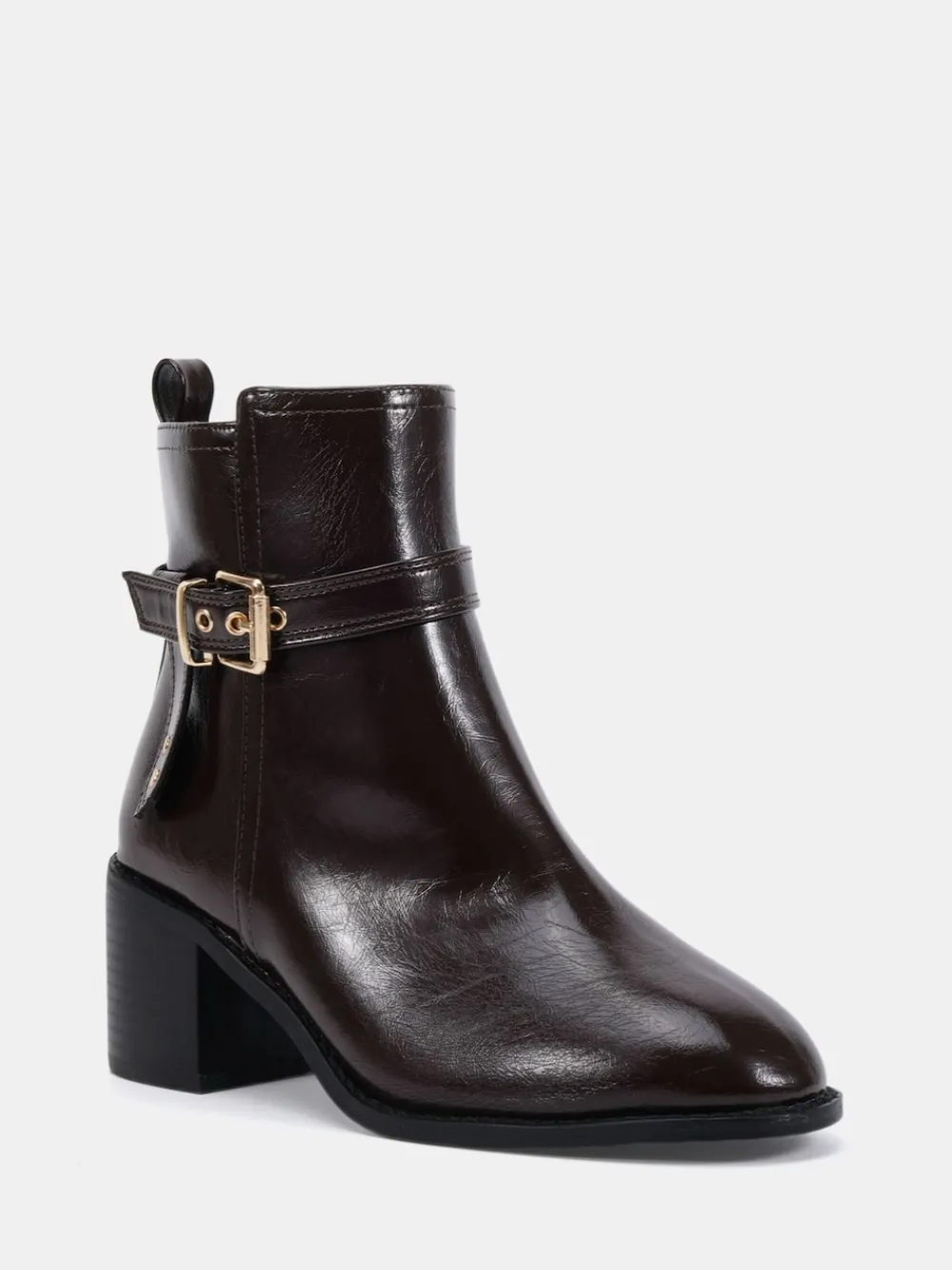 Novo Wide Fit Wide Fit Jasmine Round Toe Block Heel Buckle Detail Ankle Boots Brown New