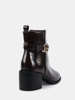 Novo Wide Fit Wide Fit Jasmine Round Toe Block Heel Buckle Detail Ankle Boots Brown New