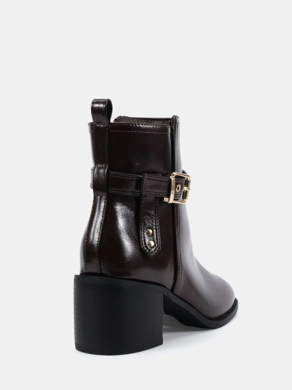 Novo Wide Fit Wide Fit Jasmine Round Toe Block Heel Buckle Detail Ankle Boots Brown New