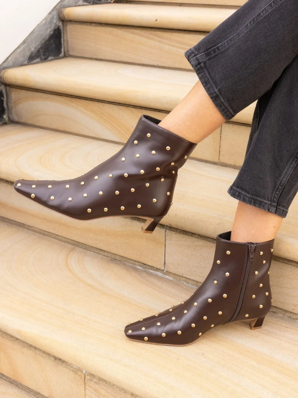 Novo Wide Fit Wide Fit Kiki Studded Low Heel Ankle Boots Brown Clearance