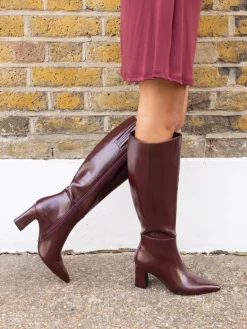 Novo Wide Fit Gala Point Toe Block Heel Knee Boots Red Discount