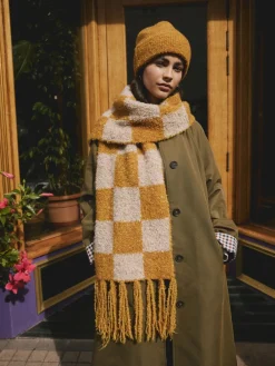 Next Ochre Yellow Checkerboard Boucle Knitted Heavweight Scarf Online