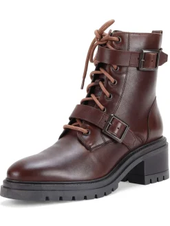 Off The Hook Parkside Block Heel Leather Combat Boots Brown New