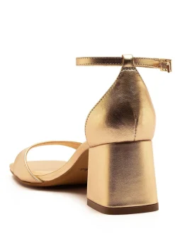 Off The Hook Knightsbridge Leather Block Heel Ankle Strap Sandals Gold Clearance