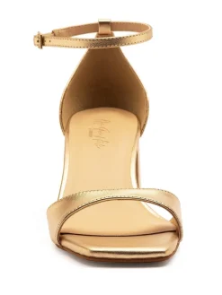 Off The Hook Knightsbridge Leather Block Heel Ankle Strap Sandals Gold Clearance
