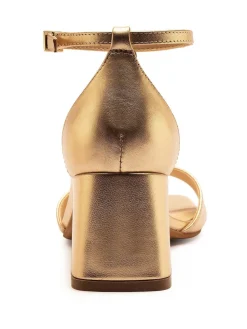 Off The Hook Knightsbridge Leather Block Heel Ankle Strap Sandals Gold Clearance