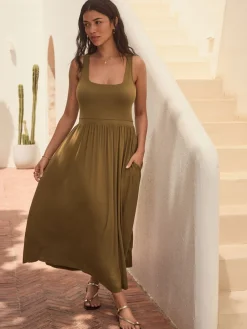 Next Jersey Waisted Summer Dress Olive Green Best
