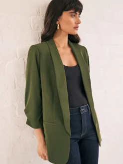 Next Olive Green Relaxed Ruched Sleeve Blazer New