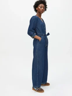 Oliver Bonas Blue Denim V-Neck Tie Waist Jumpsuit