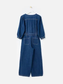 Oliver Bonas Blue Denim V-Neck Tie Waist Jumpsuit
