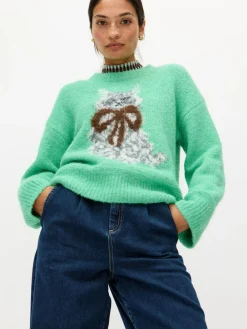 Oliver Bonas Green Cat Crew Neck Knitted Jumper Clearance