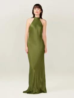 Omnes Milos Maxi Halter Neckline Dress with Back Bow Detail Green Hot