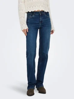 ONLY Blush Mid Rise Straight Leg Jeans With Super Stretch Dark Blue Discount