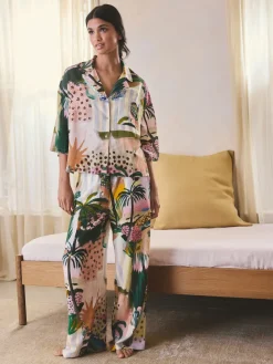 Next Orange Palms Viscose/Linen Blend Button Through Pyjamas