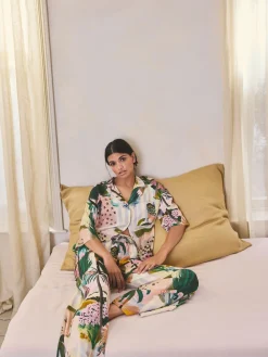 Next Orange Palms Viscose/Linen Blend Button Through Pyjamas