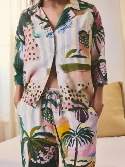 Next Orange Palms Viscose/Linen Blend Button Through Pyjamas