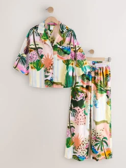Next Orange Palms Viscose/Linen Blend Button Through Pyjamas