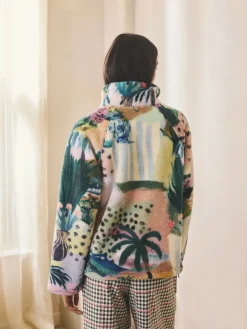 Next Printed Borg Fleece Top Orange Tropical Scene New