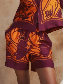 Next Orange/Burgundy Exotic Border Print Elasticated Waist Resort Shorts Hot